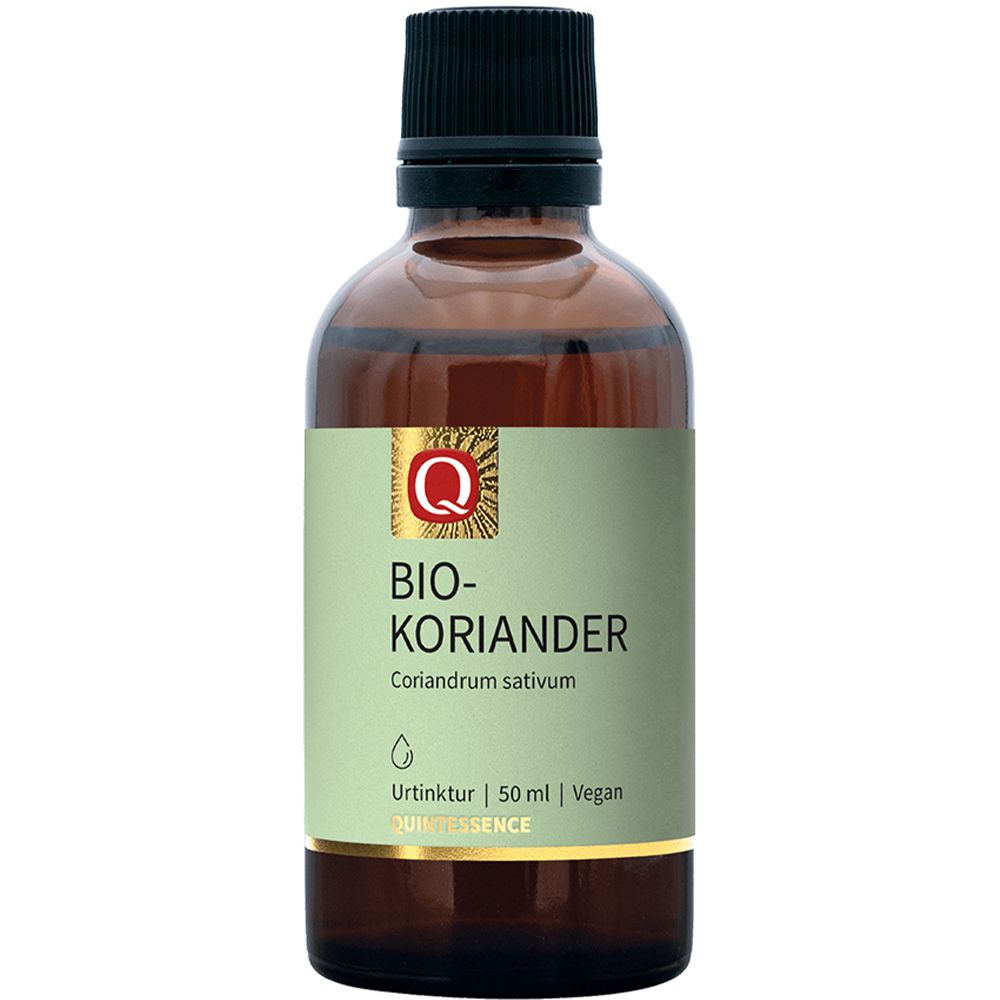 Quintessence Bio-Koriander Tinktur in Braunglasflasche mit schwarzem Deckel. Etikett mit Q-Logo, "BIO-Koriander" und "Quintessence".