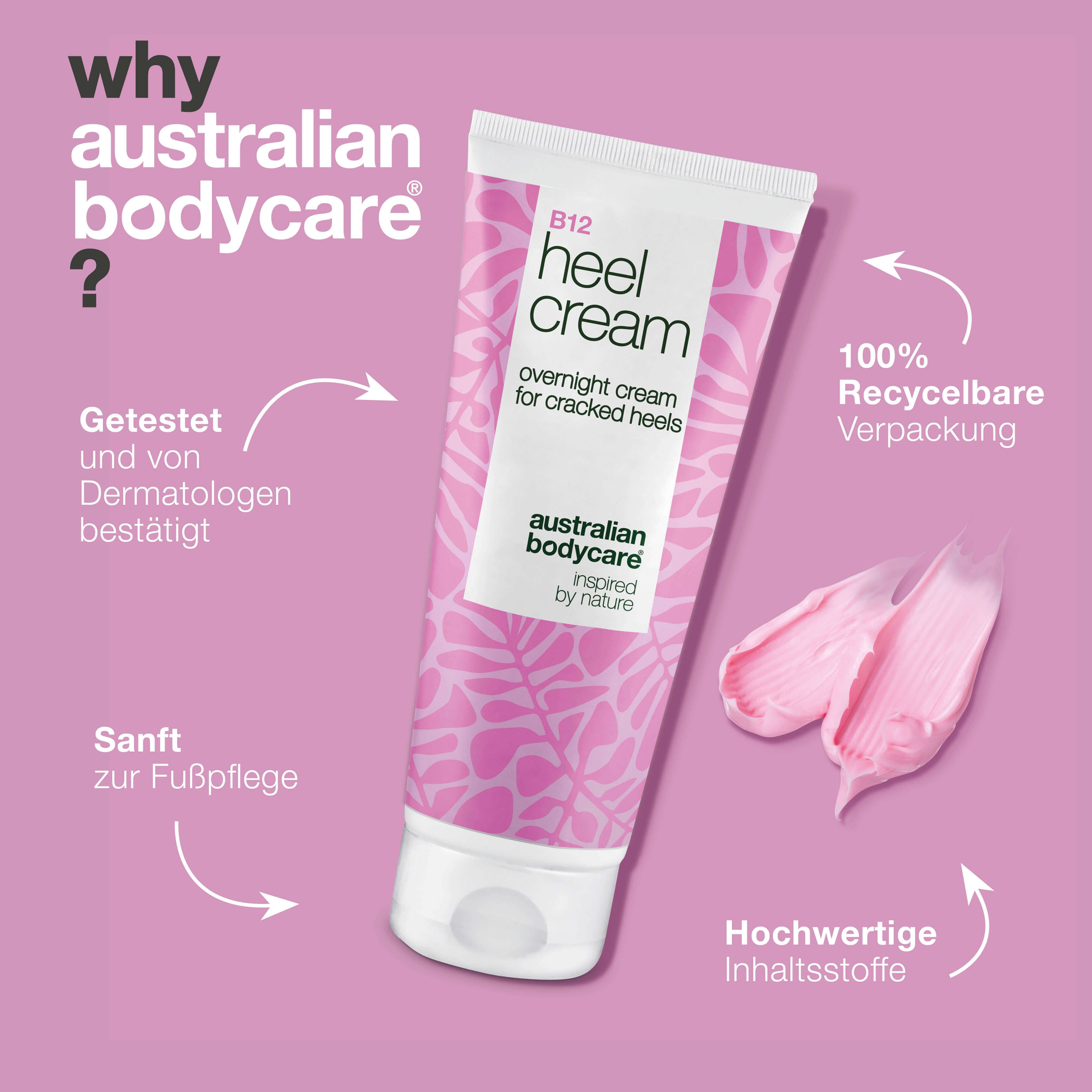 Tube B12 Heel Cream. Rosa Creme-Klecks. Text: overnight cream for cracked heels. Text: Australian Bodycare. Text.