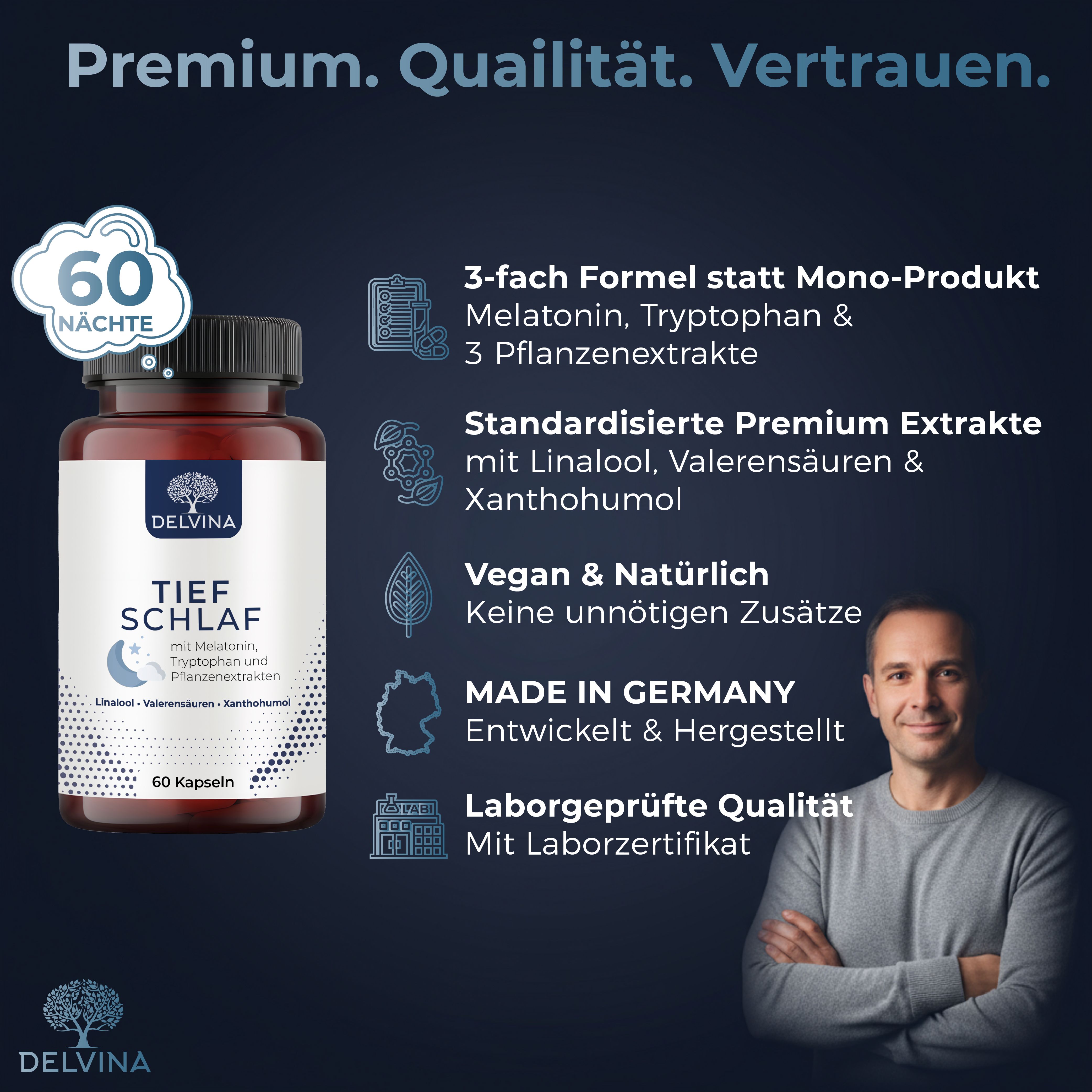 Delvina Tief Schlafkapseln mit Melatonin, Tryptophan, Valerensäure, Linalool & Xanthohumol