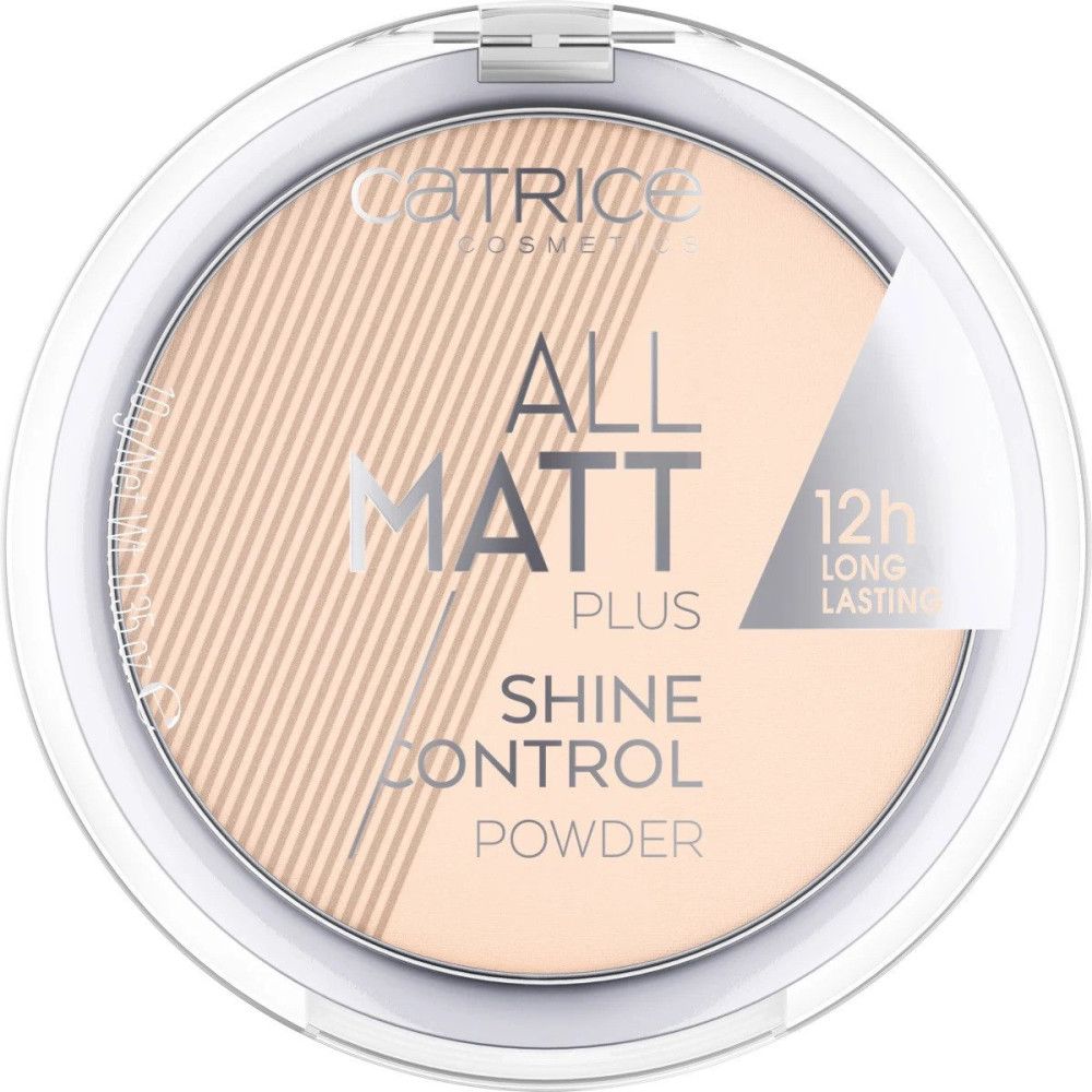 Puder in runder, transparenter Dose. Aufschrift: Catrice, All Matt Plus Shine Control Powder. 12h Long Lasting.