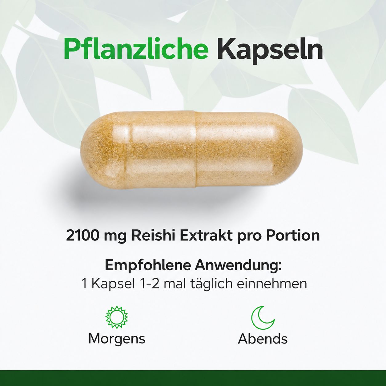 Eine pflanzliche Kapsel mit 2100 mg Reishi Extrakt pro Portion.