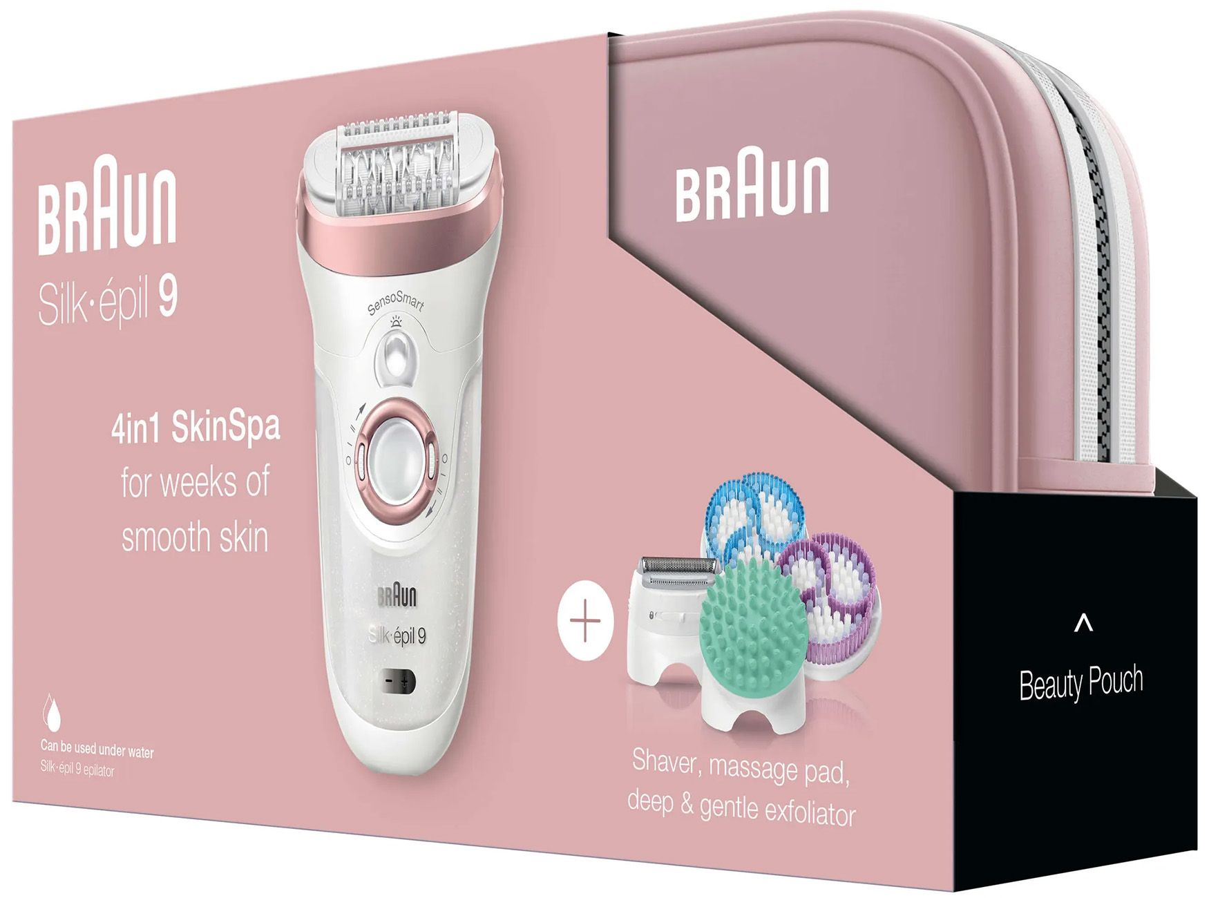 Verpackung mit Epilierer, Zubehör und Beauty-Tasche. "Braun", "Silk-épil 9" und "4in1 SkinSpa" Beschriftung.
