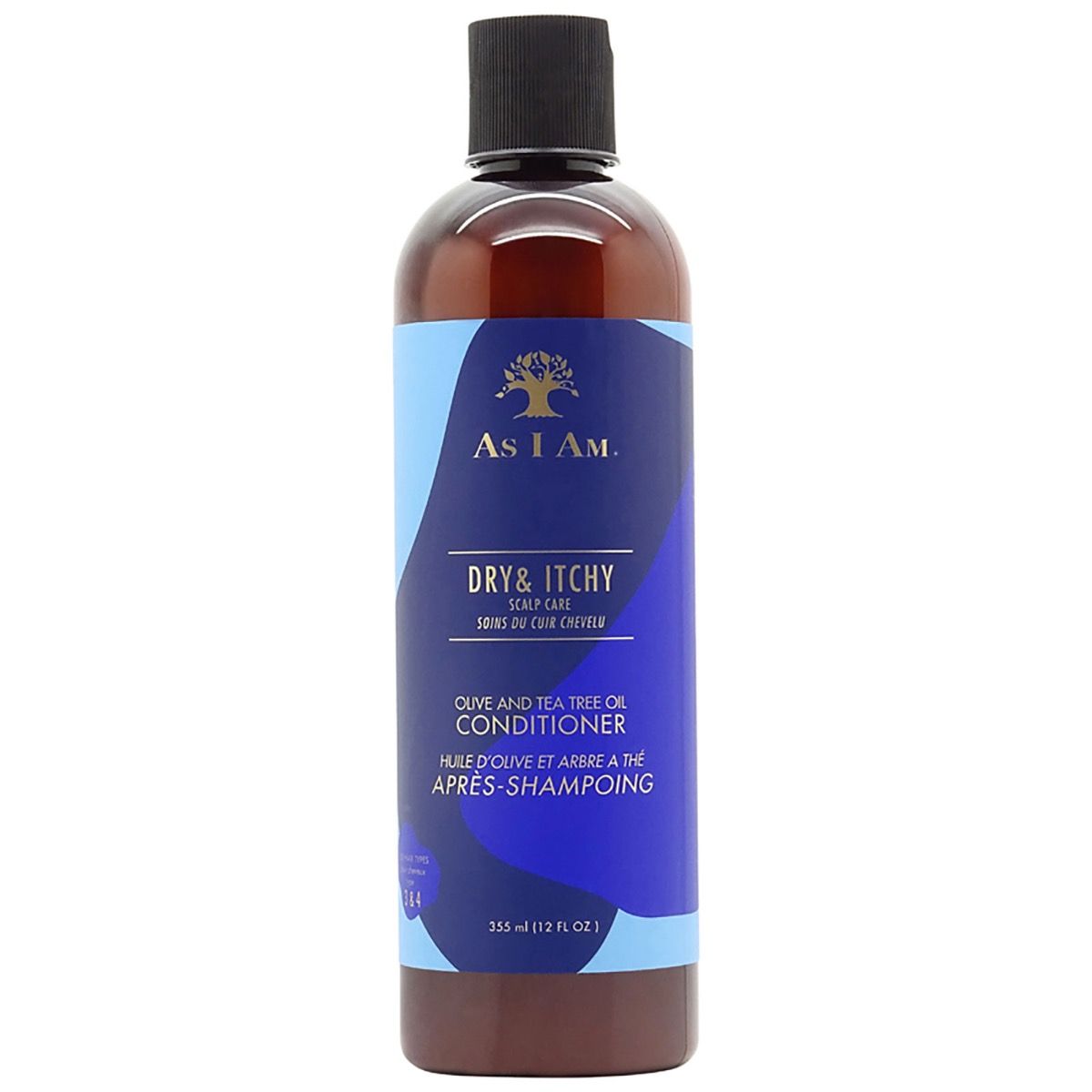 As I Am Dry & Itchy Conditioner Flasche mit schwarzem Deckel. Dunkelbraune Flüssigkeit sichtbar.