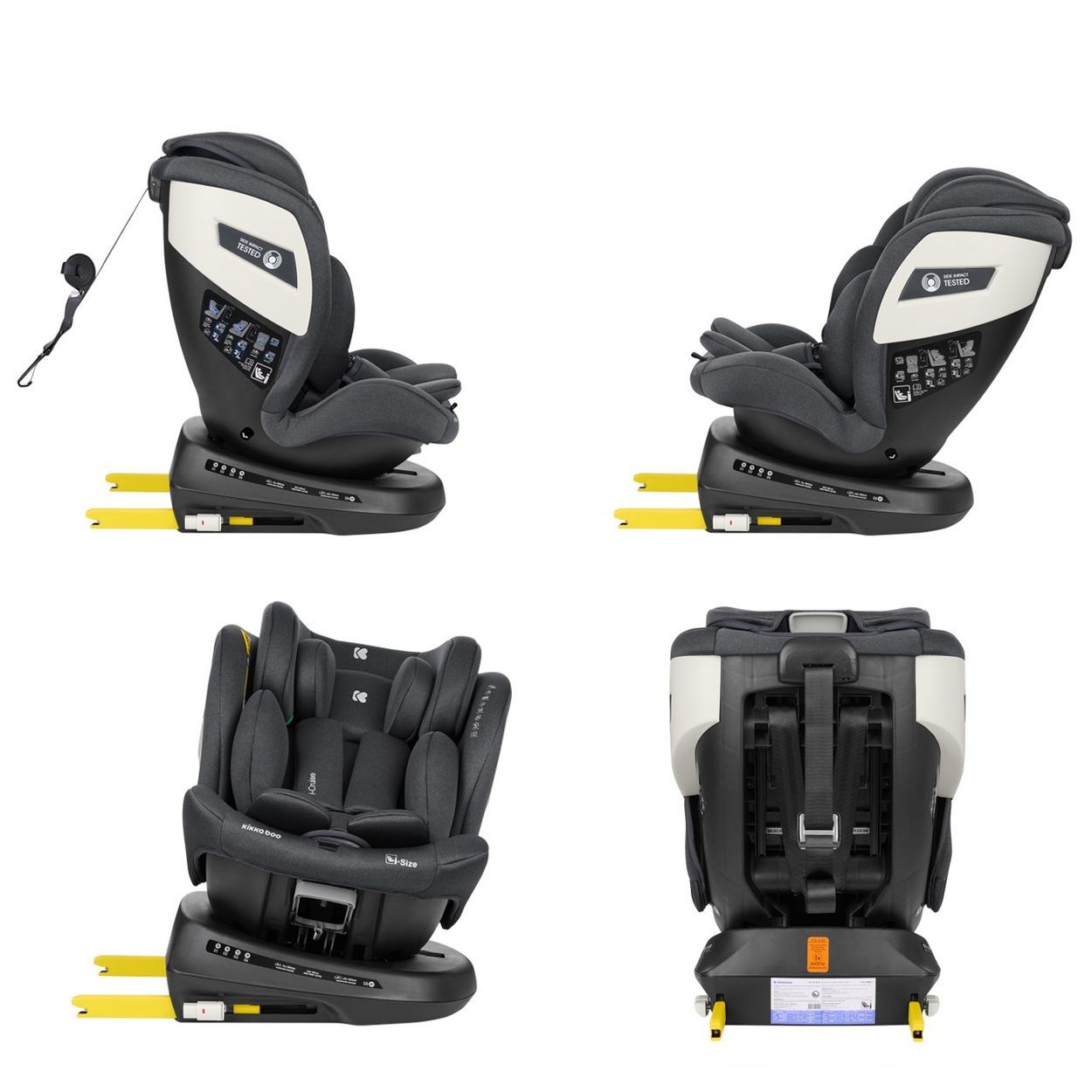 Kindersitz in verschiedenen Winkeln, zeigt die Drehung und Isofix-Befestigung.