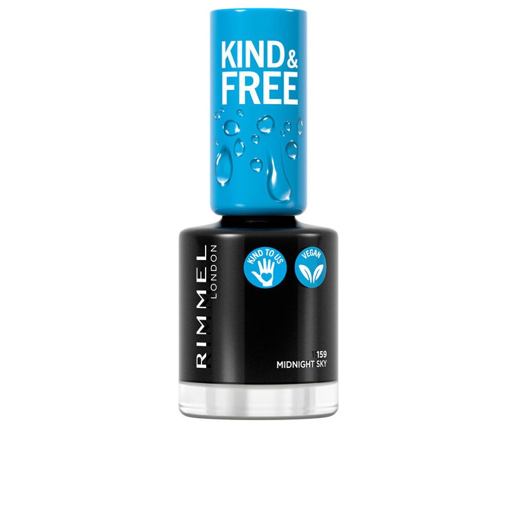 Dunkelblauer Nagellackflakon. Blaue Kappe mit Aufschrift KIND & FREE. Vegan- und Hand-Symbol. Aufschrift: RIMMEL LONDON, 159 Midnight Sky.