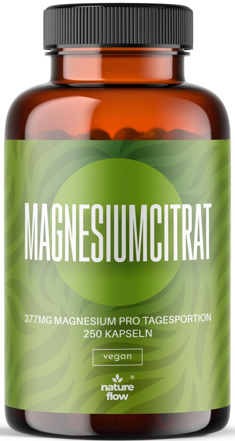 Braune Glasflasche mit grünem Etikett. Aufschrift: Magnesiumcitrat, 377mg Magnesium, 250 Kapseln, vegan. Nature Flow Logo.