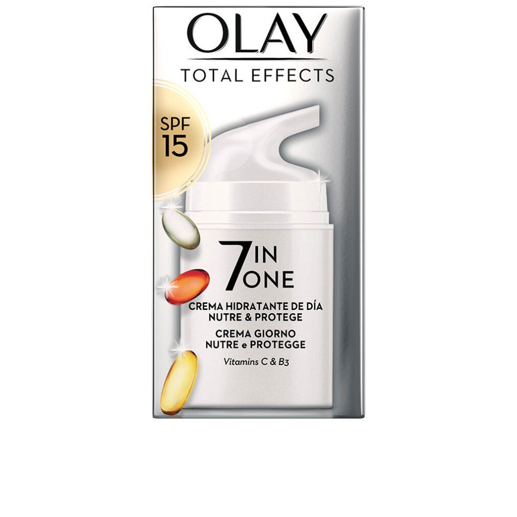 Verpackung mit Produktabbildung. Olay Total Effects 7 in One, Day Moisturiser, SPF 15. Weiße Verpackung, Produktabbildung, Text.