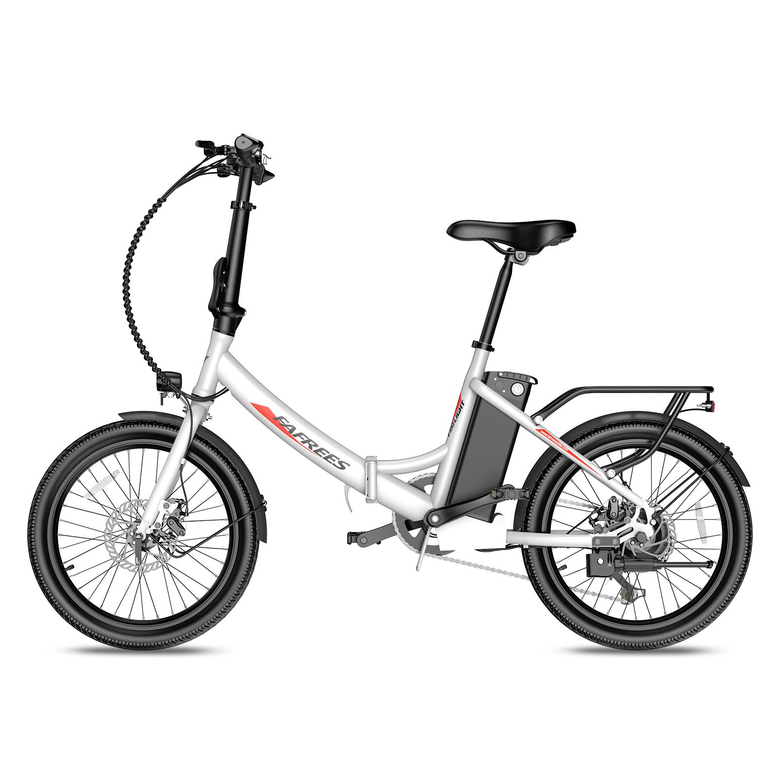 Silbernes Fafrees F20Light E-Bike mit schwarzem Sattel, Reifen und Gepäckträger. Akku am Rahmen.