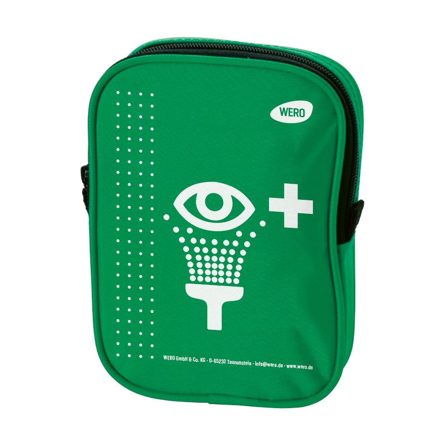 Grüne Gürteltasche für Augenspülflasche. Weißes Logo und Kreuz auf der Vorderseite. Schwarzer Reißverschluss.