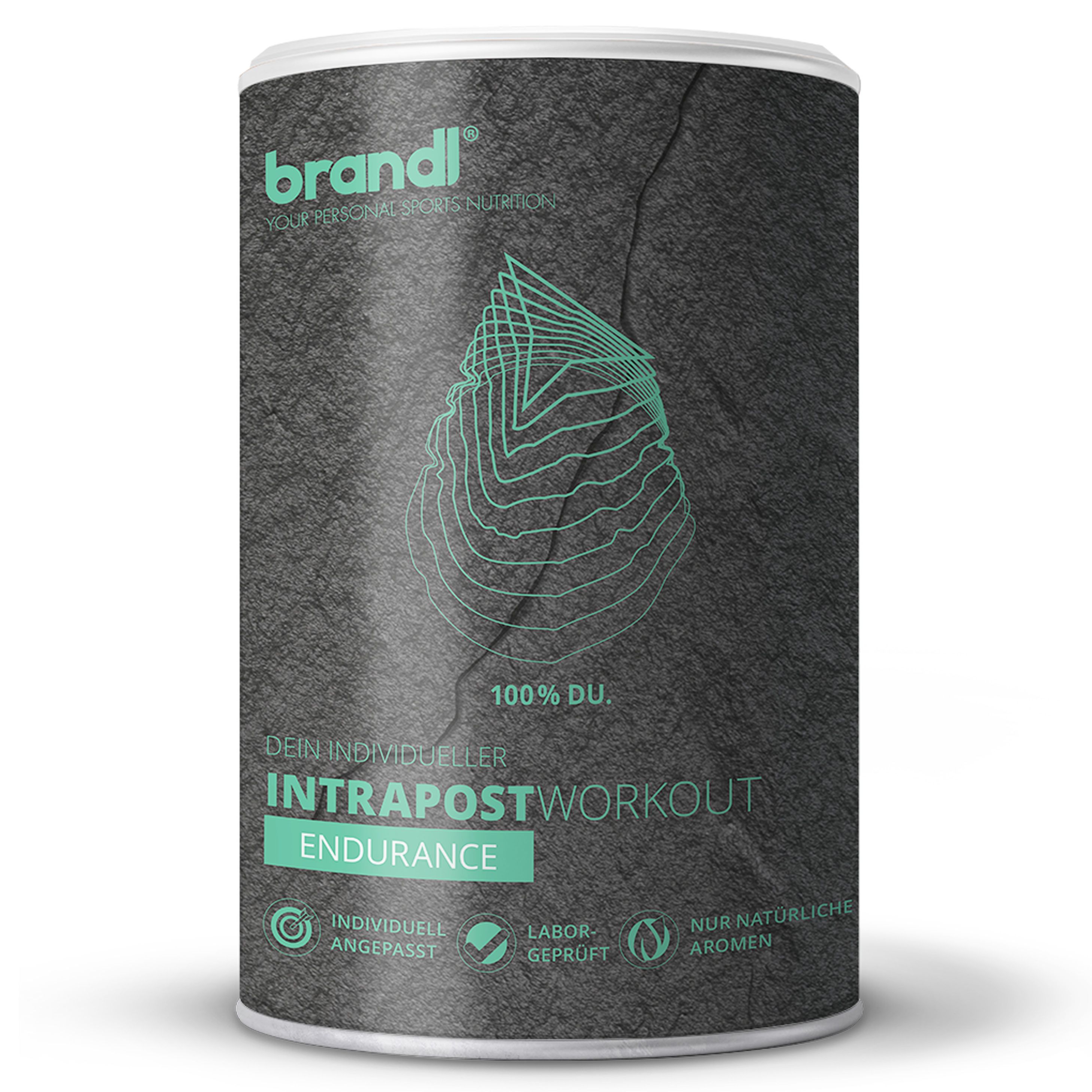 Zylindrische Dose mit dem Markennamen brandl und der Aufschrift "Intrapostworkout Endurance". Grün-schwarzes Design.