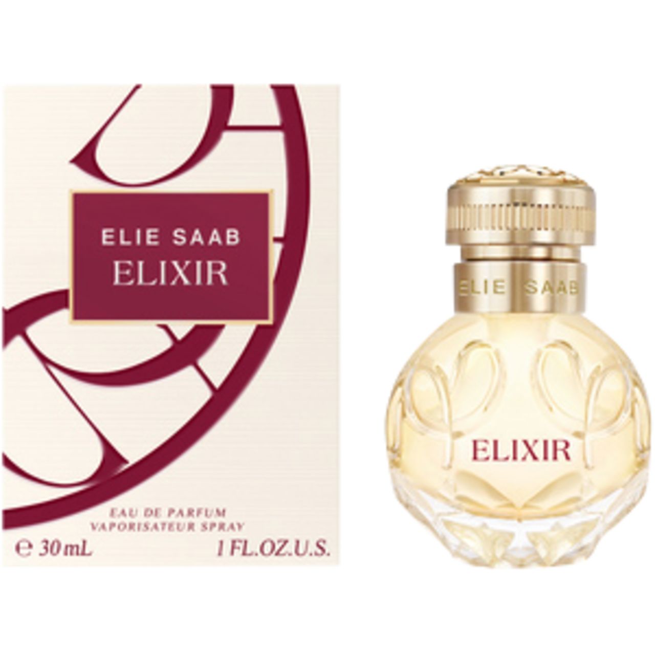 Elie Saab Elixir EdP. Flakon mit goldfarbenem Verschluss und Schriftzug. Rechteckige Verpackung mit Logo und Schriftzug.