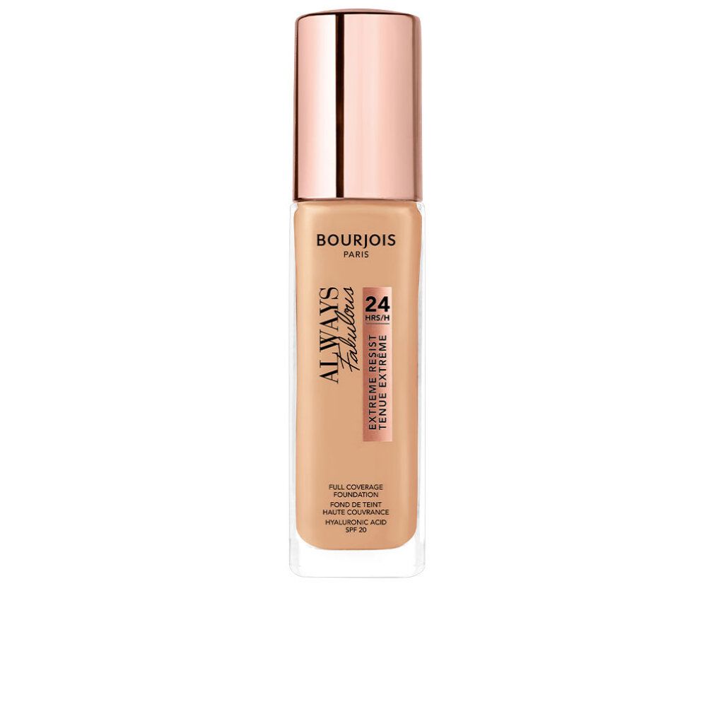 Bourjois Always Fabulous Foundation. Flasche mit hellbrauner Flüssigkeit und roségoldfarbenem Deckel. Text: Always Fabulous, 24H, SPF 20.
