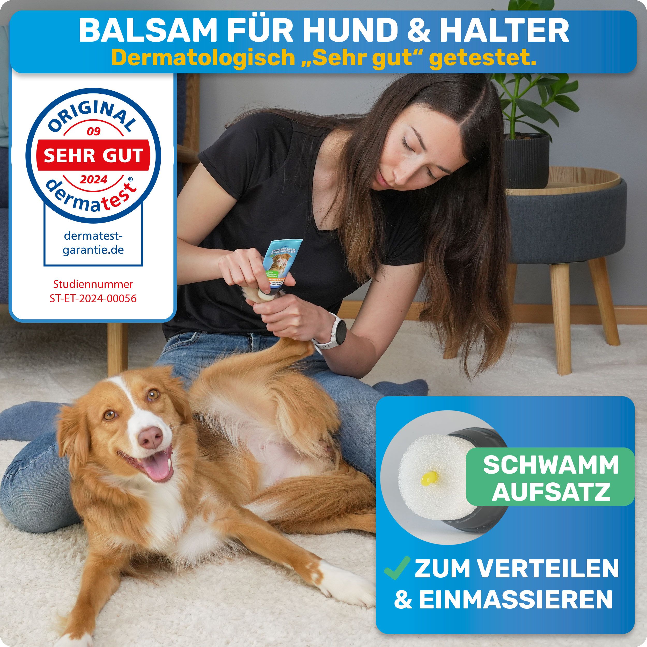 Frau trägt Pfotenbalsam auf Hundepfote auf. Aufkleber: dermatest-garantie.de. Aufschrift: Balsam für Hund & Halter. Schwammaufsatz.