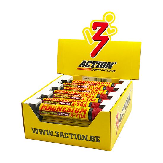 Gelbe Kartonbox mit Magnesium X-Tra-Sticks. Aufdruck: 3Action, Magnesium, Mangosteen Flavour. Geöffnet, Sticks sichtbar.