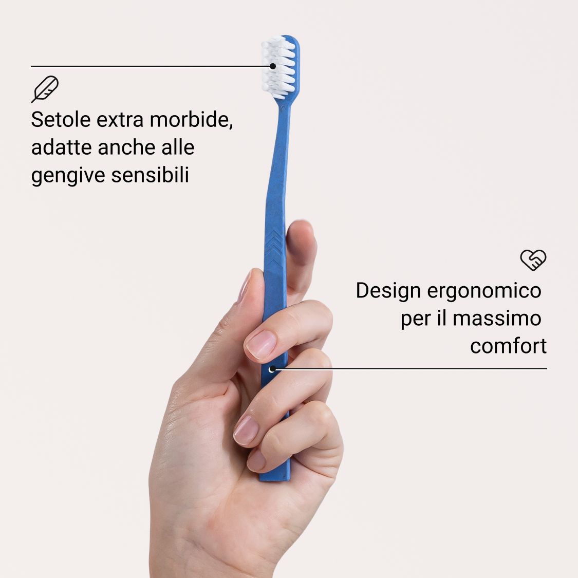Spazzolino blu in mano. Testo: Setole extra morbide, design ergonomico.