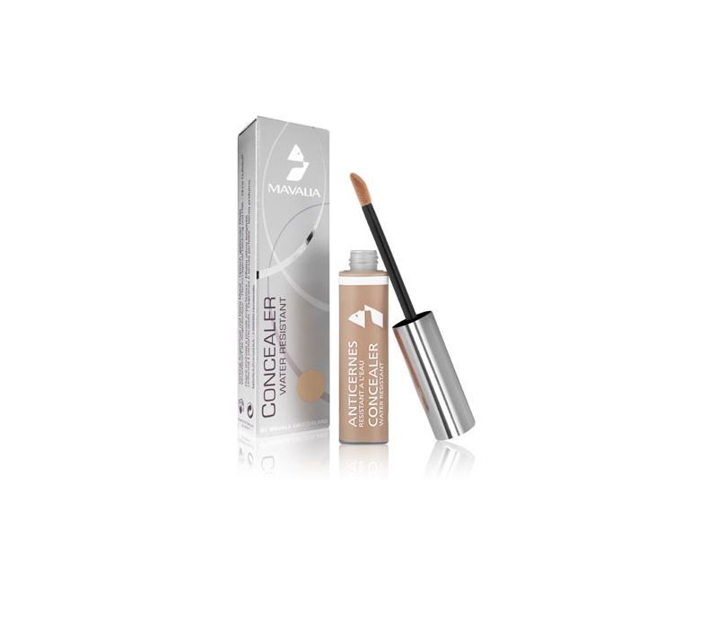 Mavala Concealer light. Flasche und Verpackung. Beige Flüssigkeit, Applikator. Schriftzug: Concealer, wasserfest.