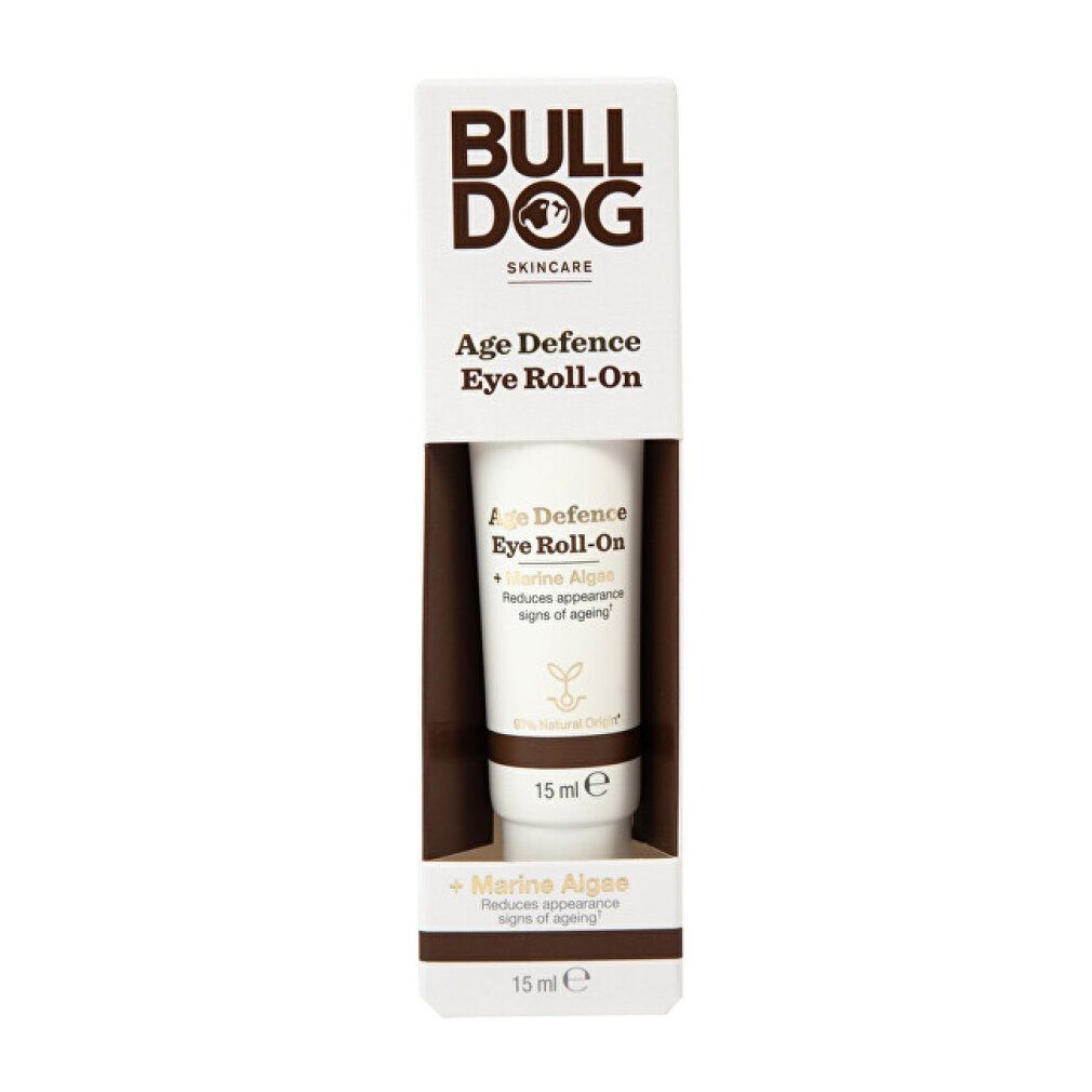 Weißes Produkt in Verpackung. Aufschrift: Bulldog Skincare, Age Defence Eye Roll-On, Marine Algae. 15 ml.