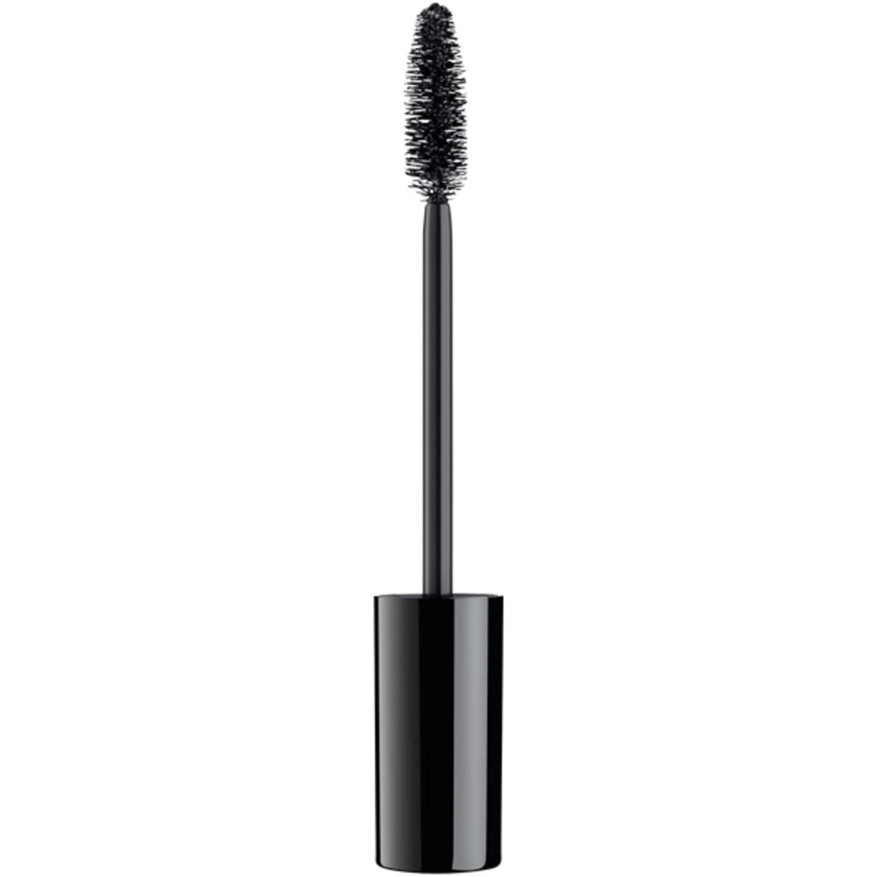 Mascara-Bürste mit schwarzem Griff. Borstenkopf mit Borsten. Detailaufnahme.