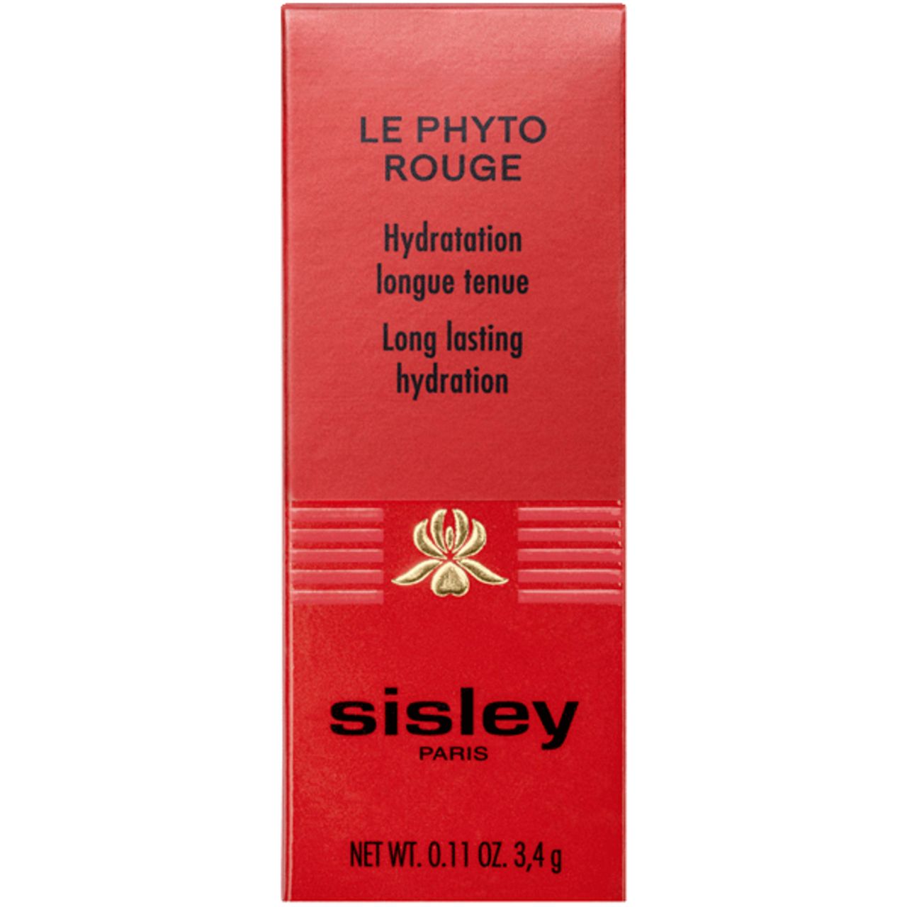 Rote Verpackung mit Produktnamen „Le Phyto Rouge“ und Text. Enthält Informationen zu Hydratation und Marke Sisley. Nettogewicht: 3,4 g.