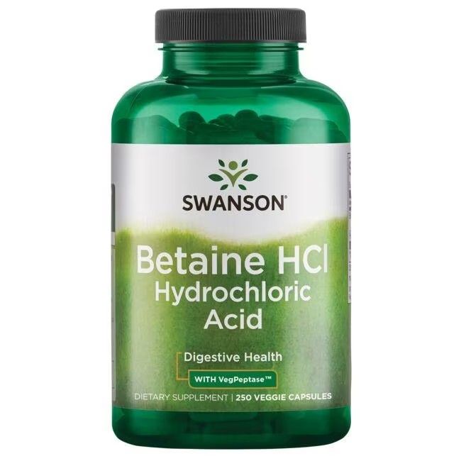 Grüne Flasche mit weißem Etikett. Aufschrift: SWANSON, Betaine HCl, Hydrochloric Acid, Digestive Health. 250 Veggie Capsules.