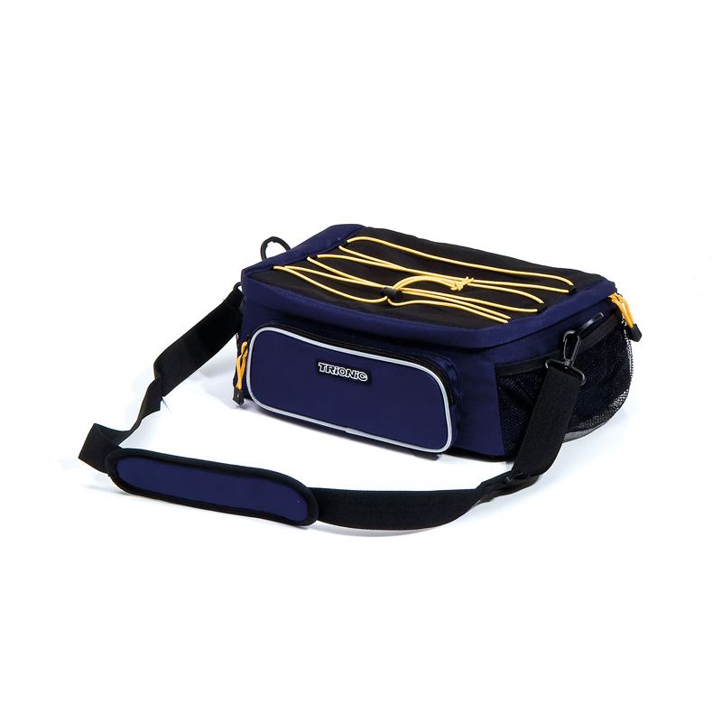 Schultertasche, blau mit gelben Details. Schwarzer Schultergurt. Seitliche Netztasche. Logo.