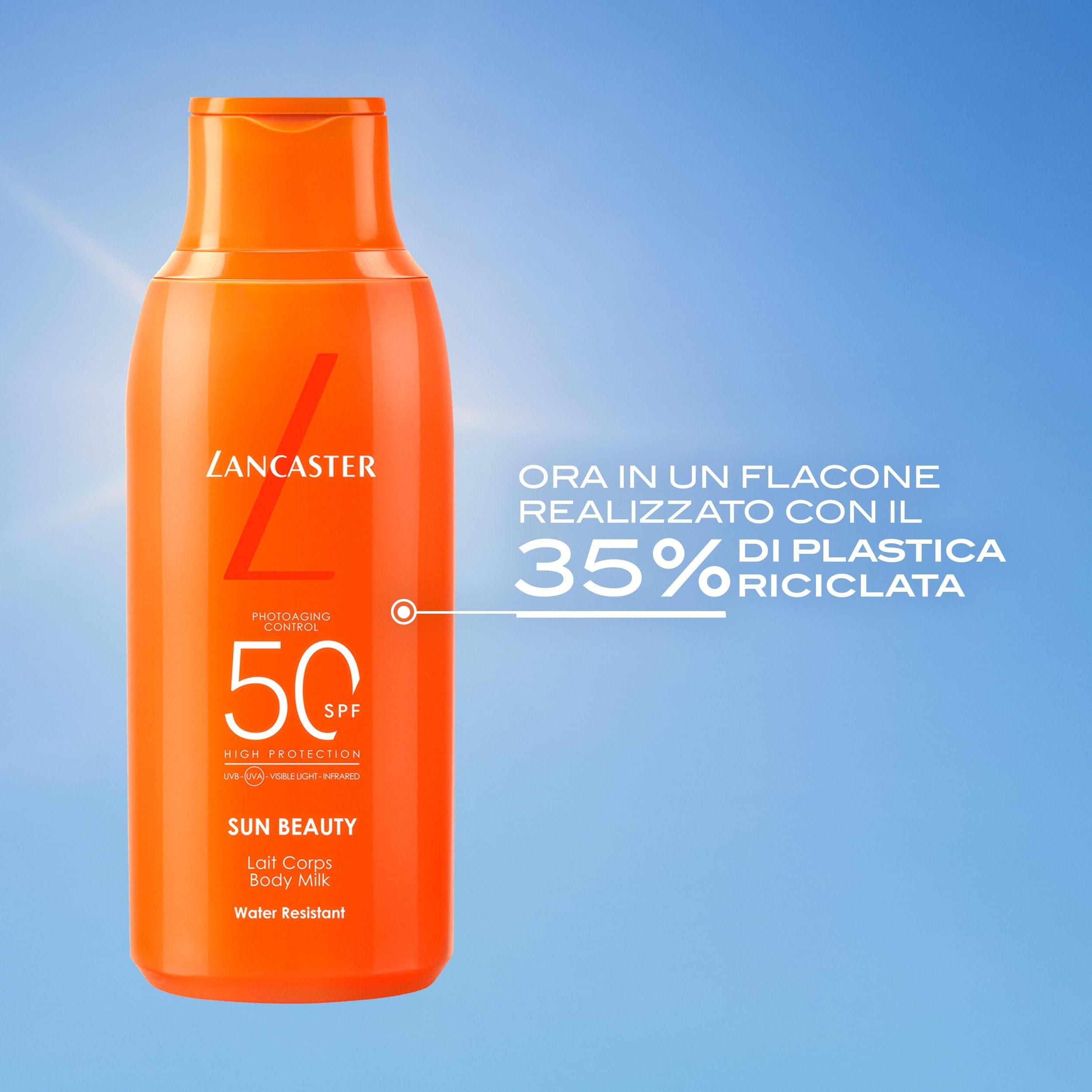 Orangefarbene Flasche mit weißem Text. Marke Lancaster, SPF 50. Sun Beauty Lait Corps Body Milk. 35% recycelt.
