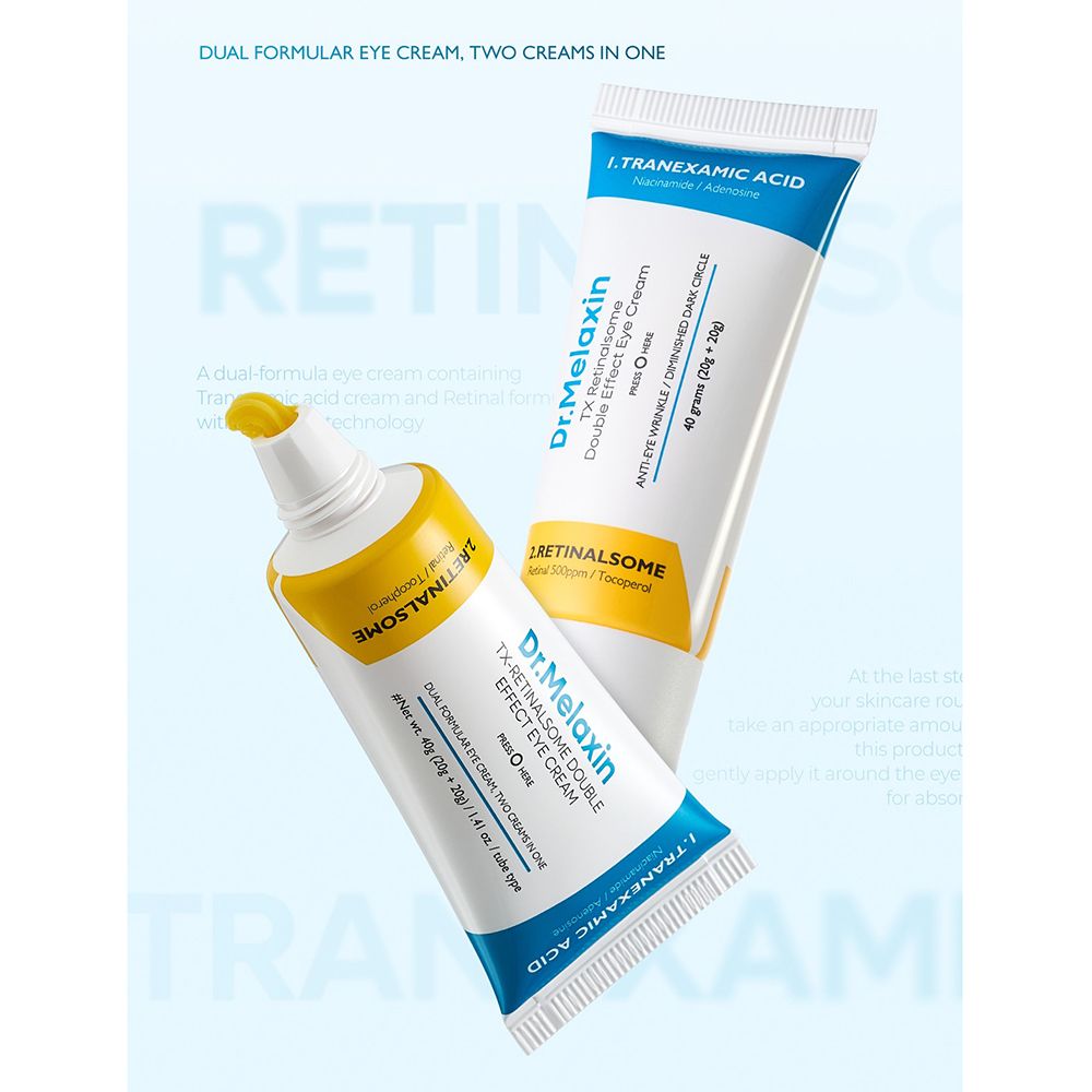 Zwei Tuben Dr. Melaxin TX Retinalsome Augencreme, eine davon mit aufgesetztem Deckel, vor einem hellblauen Hintergrund.