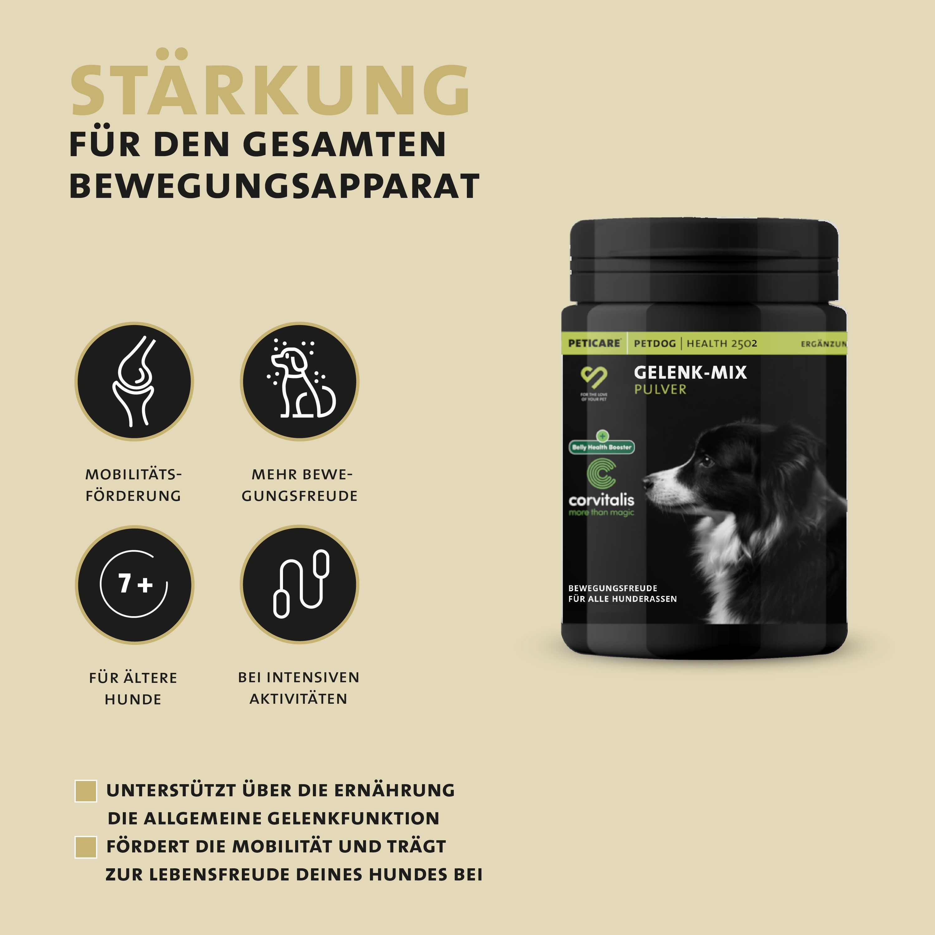 Produktflasche. Text: Gelenke-Mix Pulver. Logo Peticare. Für alle Hunderassen. Mobilität, mehr Bewegungsfreude.