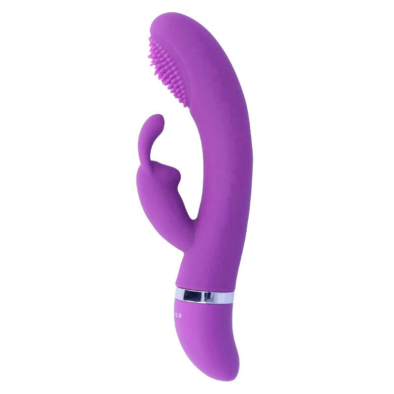 Lila Vibrator mit Kaninchenohren-Design. Geriffelte Spitze, silberner Ring am Griff.