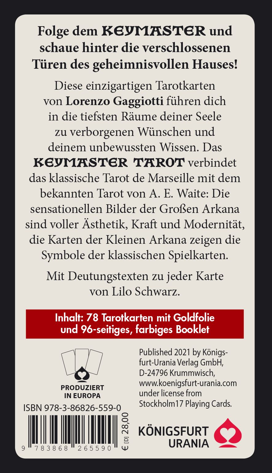 Rückseite der Keymaster Tarot Kartenbox. Text in deutscher Sprache. Enthält 78 Karten mit Goldfolie und ein 96-seitiges Booklet.