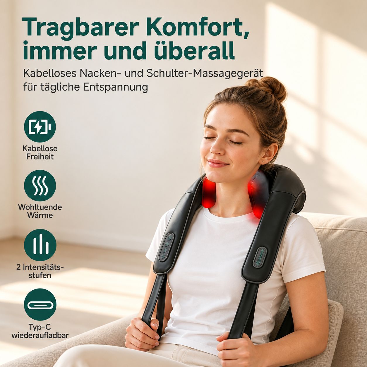Elektrisches Massagegerät mit rotierendem Kopf, 3 Aufsätzen und Geschwindigkeitsregler.
