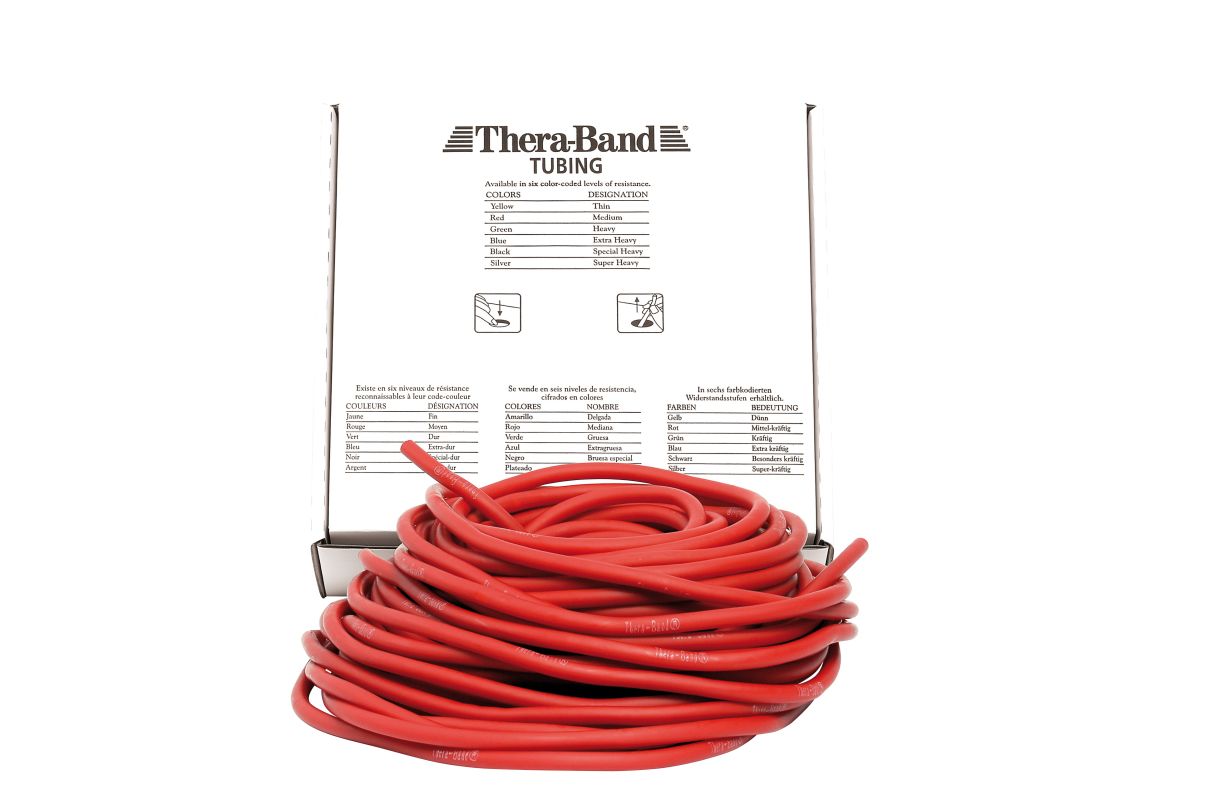 Rote Thera-Band Tubing Rolle. Aufdruck mit Produktinformationen. Verpackung aus Karton.