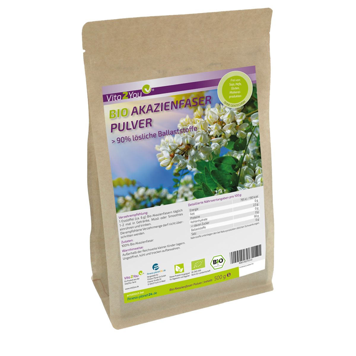 Beutel mit Vita2You Bio Akazienfaser Pulver. Text: >90% lösliche Ballaststoffe. Bio-Siegel. Inhalt: 500 g. Abbildung von Blüten.