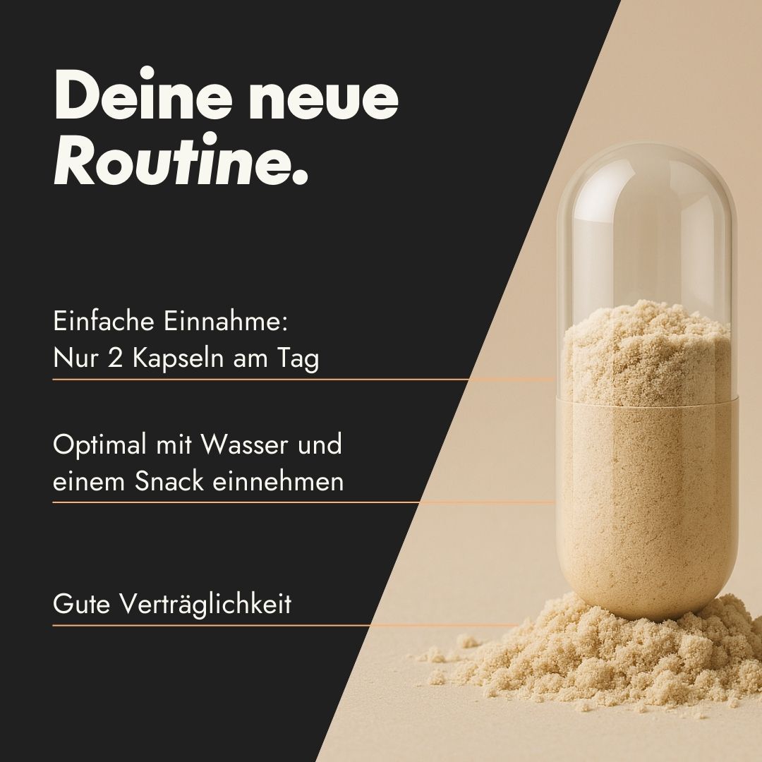 Kapsel mit Inhalt. Text: Deine neue Routine. Einnahme: 2 Kapseln täglich. Einnahme mit Wasser und Snack. Gute Verträglichkeit.