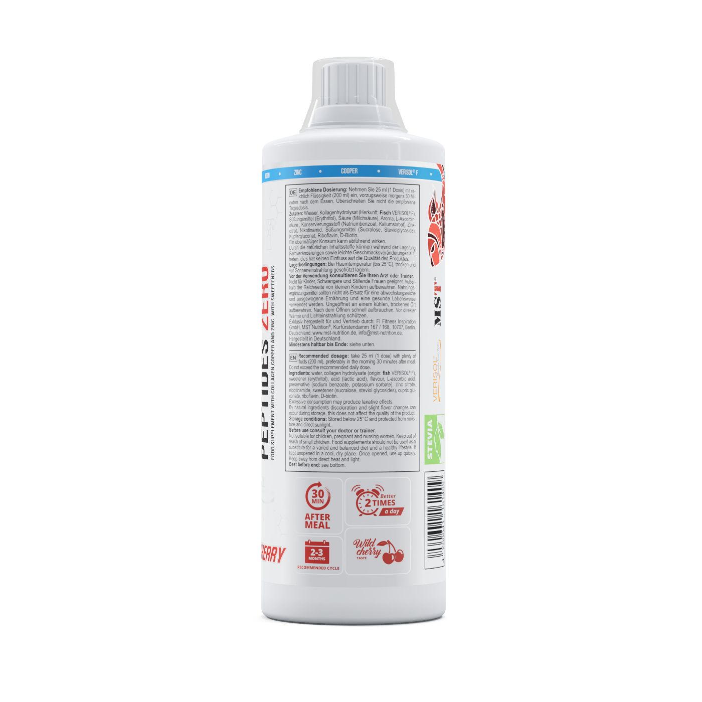 Seite der Flasche MST Fish Collagen Peptides Zero mit Anwendungshinweisen und Kirsch-Symbol.
