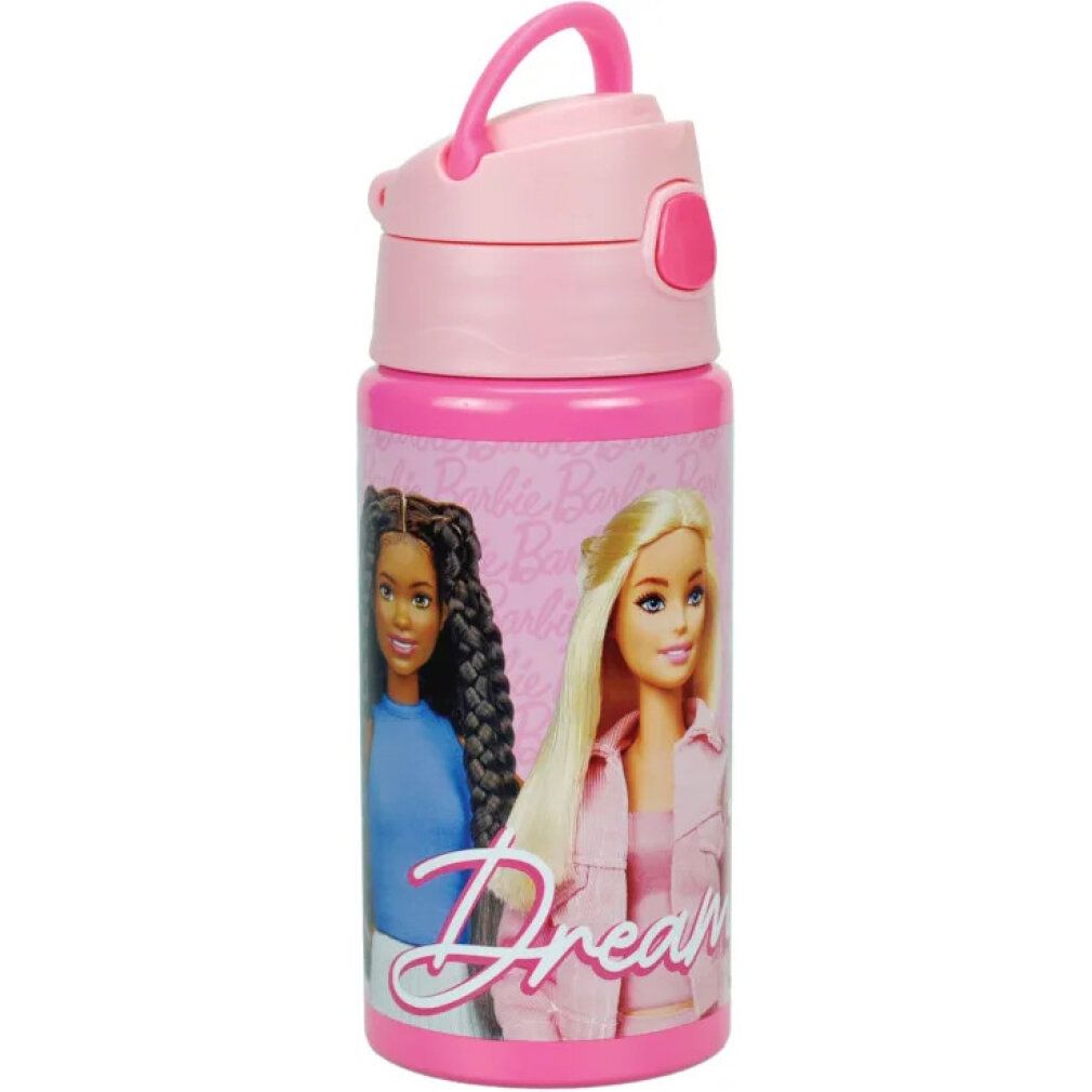 Rosa Trinkflasche mit Barbie-Motiv und Tragegriff. Aufdruck mit zwei Barbie-Puppen und dem Wort "Dream".