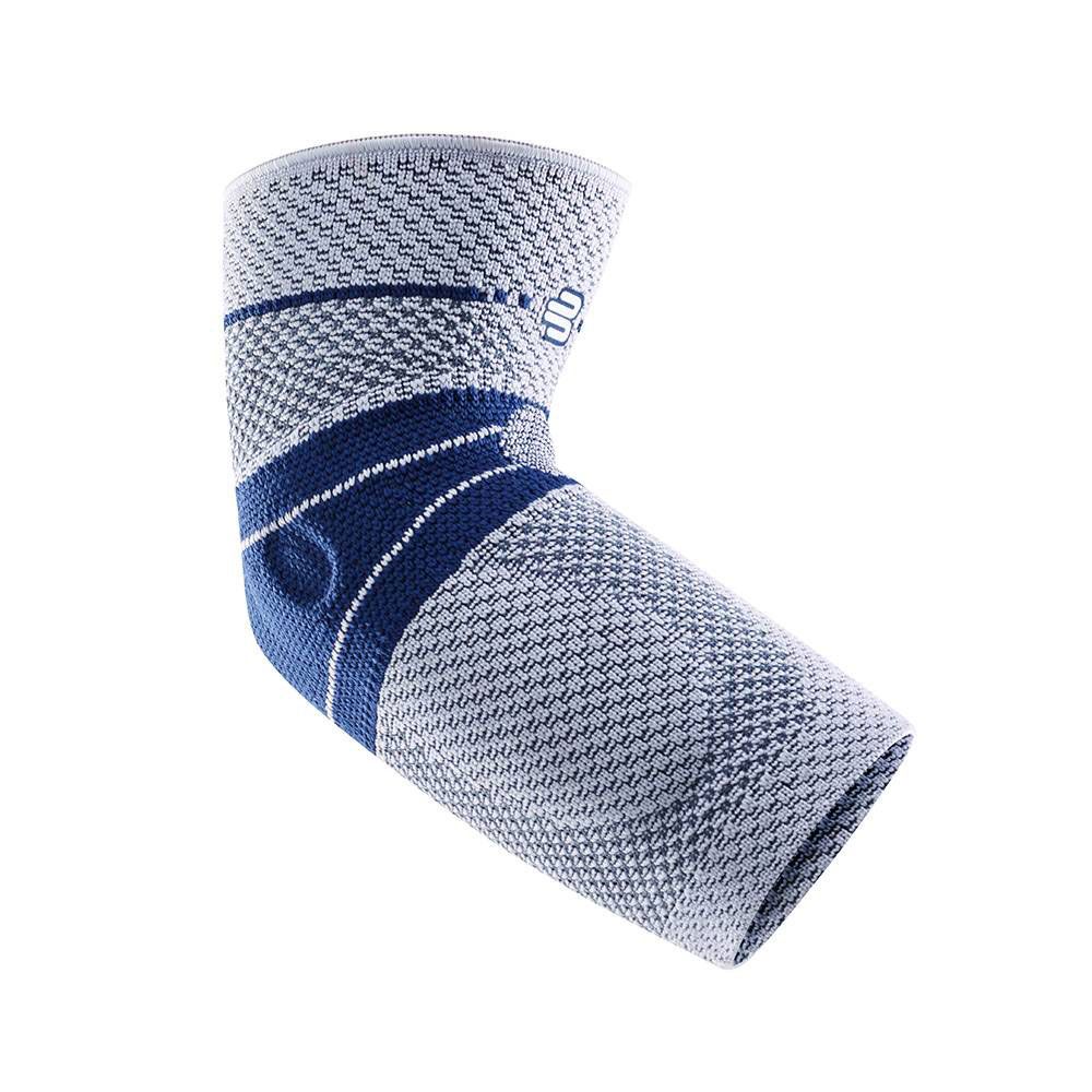 Ellenbogenbandage mit blauem Streifen. Graues, strukturiertes Material. Ansicht von oben.
