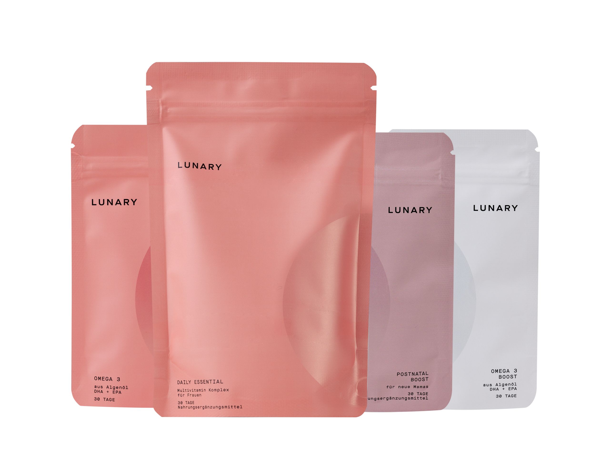 Vier Beutel des LUNARY Postnatal Set. Rosa und weiß, mit Produktinformationen und Logo.