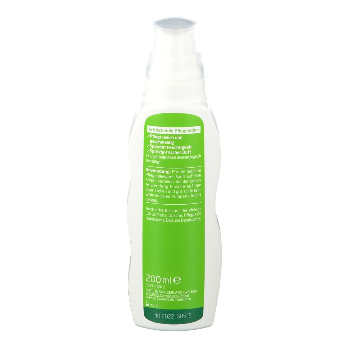 Rückseite einer weißen Flasche. Aufschrift: WELEDA, Erfrischende Pflegelotion. Text und Mengenangabe: 200 ml.