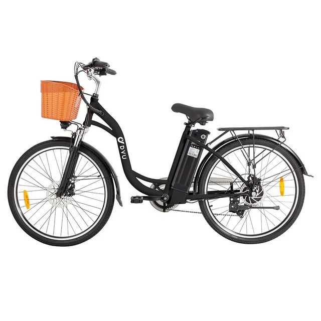 Schwarzes Elektrofahrrad mit Korb, Gepäckträger und Akku. DYU-Logo am Rahmen. Orangefarbener Korb.