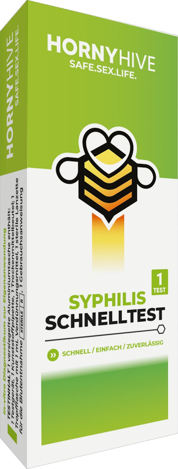 Verpackung mit Syphilis Schnelltest. Grün-weißes Design mit Logo und Text. Enthält Testgerät, Lanzette, Tropfflasche und Anleitung.