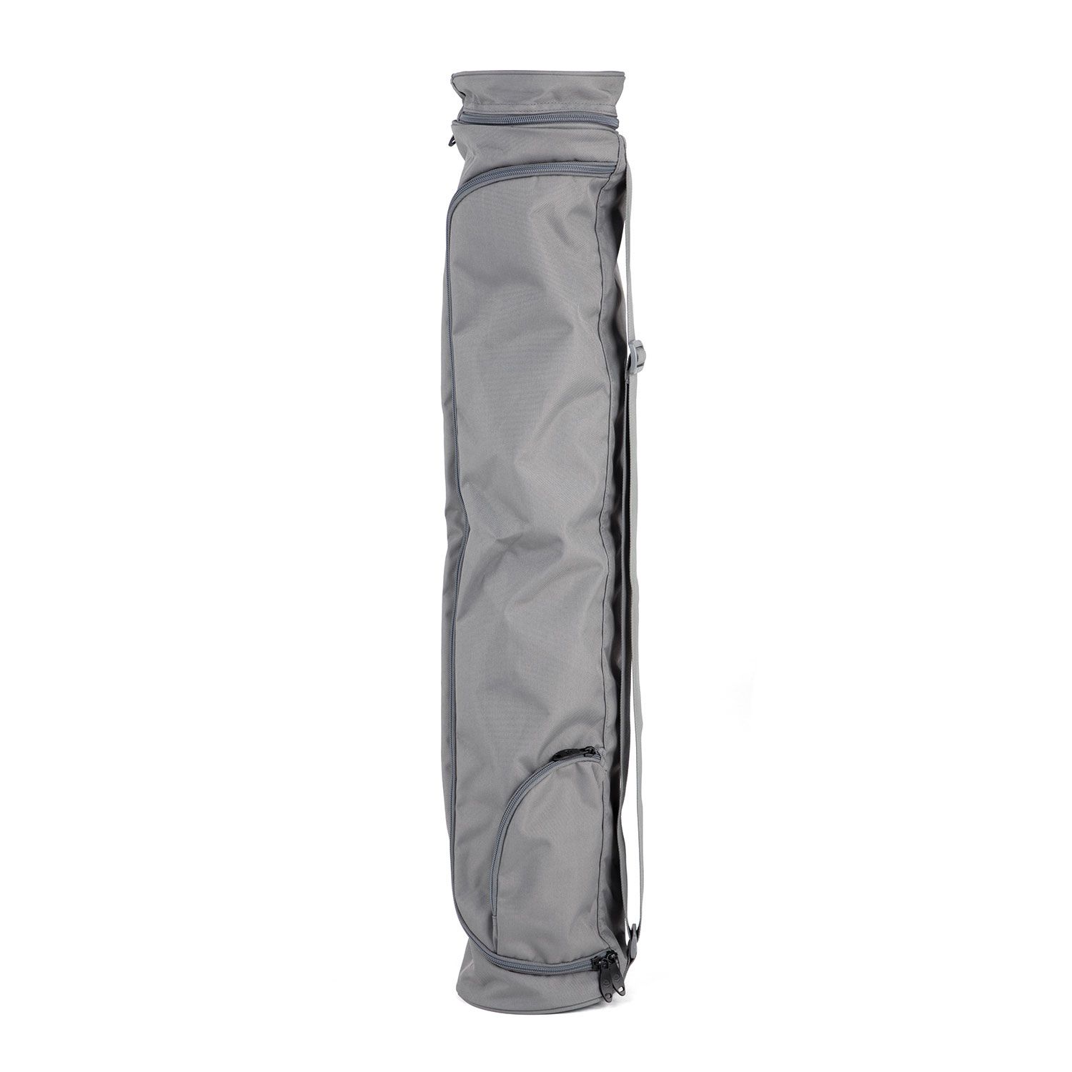 Graue Yogamatten Tasche, längliche Form. Reißverschluss, Schultergurt und kleine Außentasche.