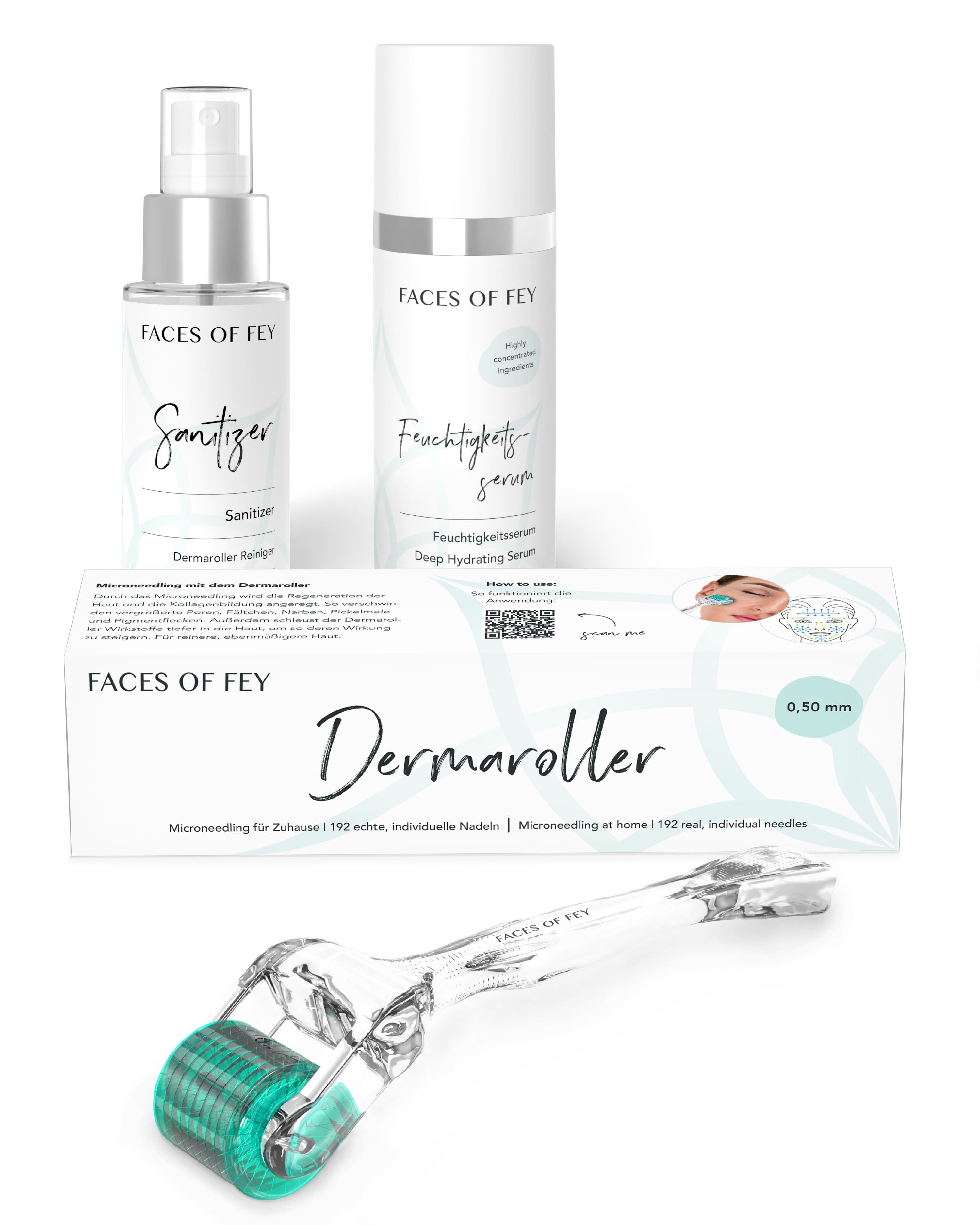 Produktset: Dermaroller, Reiniger, Feuchtigkeitsserum. Dermaroller mit grüner Walze. Verpackung: 'FACES OF FEY' und 'Dermaroller'.