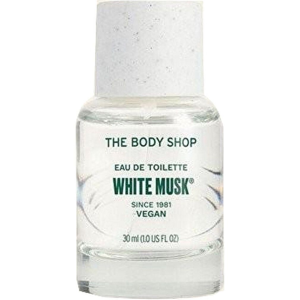 Klarer Glasflakon mit weißem Deckel. Aufschrift: "THE BODY SHOP", "WHITE MUSK", "EAU DE TOILETTE", "VEGAN".