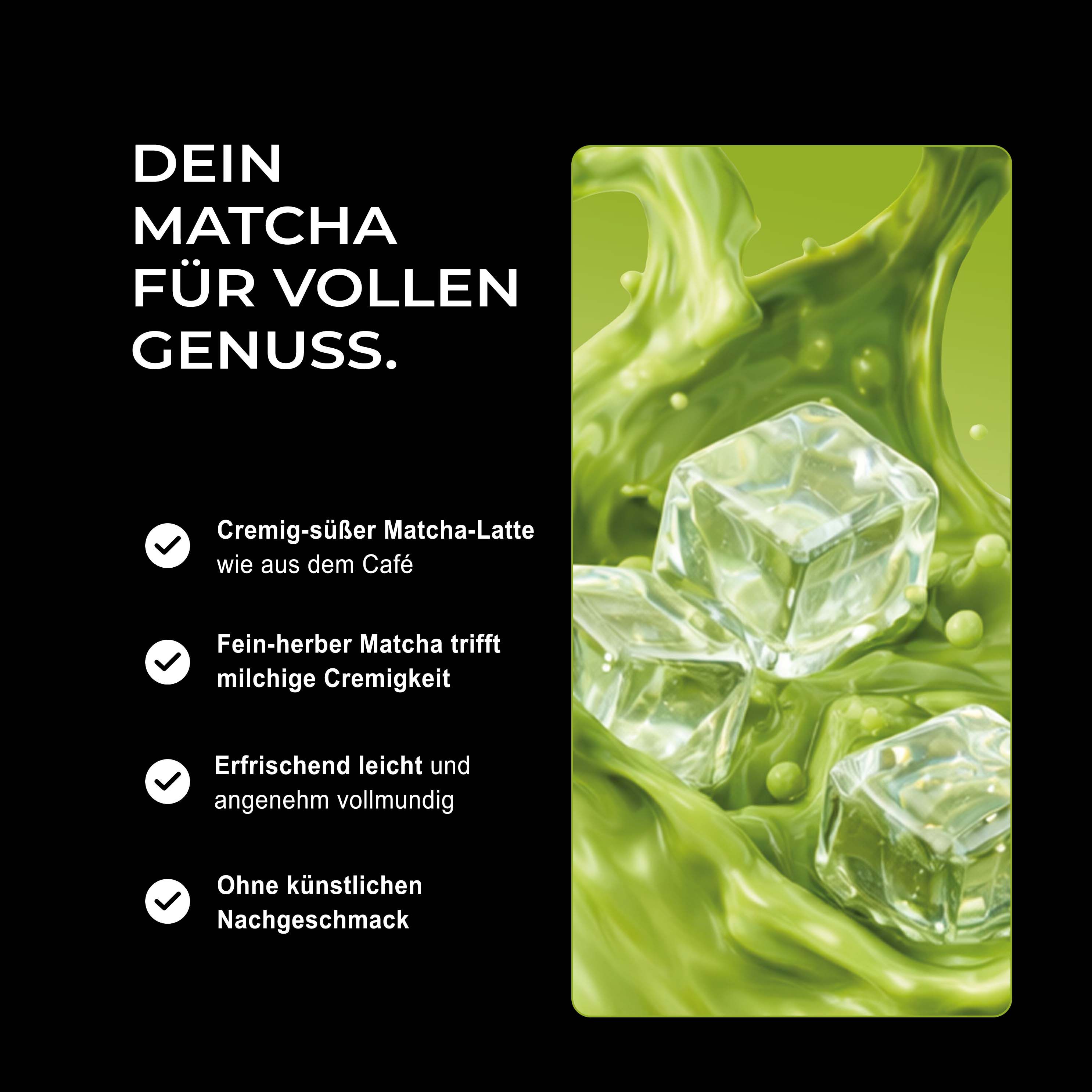 Nahaufnahme von Eiswürfeln in grüner Flüssigkeit, Neosupps Protein Iced Matcha.