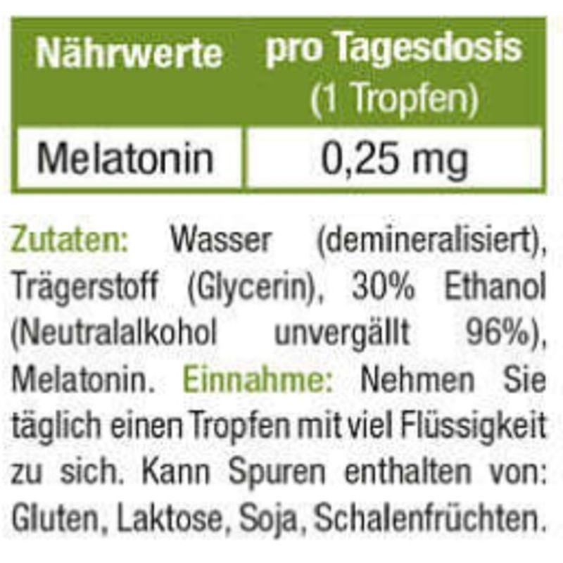Detailansicht der Inhaltsstoffe und Nährwerte. Enthält Melatonin, Wasser, Glycerin, Ethanol. Hinweise zur Einnahme.