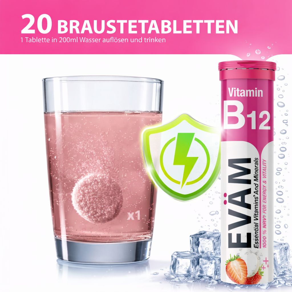 Brausetablette in Glas mit rosa Flüssigkeit. Daneben eine Packung EVÄM Vitamin B12. Eiswürfel und ein Schutzschild mit Blitz.