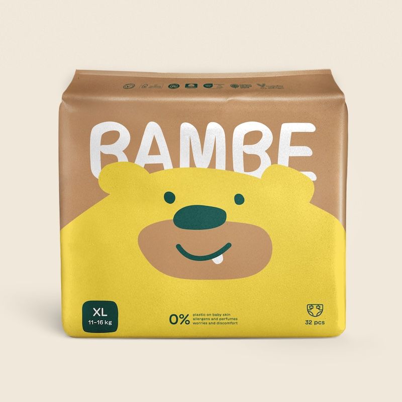 Verpackung mit gelbem Bären-Design und BAMBE-Schriftzug. Größe XL, 32 Stück.