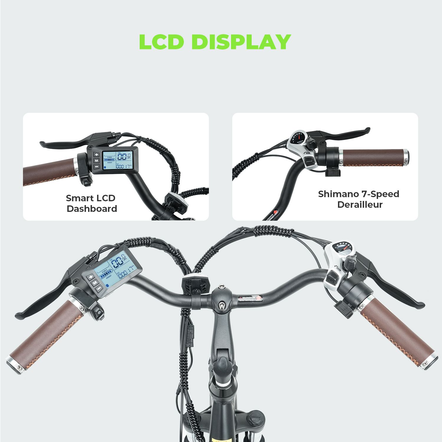 Nahaufnahme des Lenkers eines E-Bikes. Zeigt LCD-Display, Shimano 7-Gang-Schaltung und braune Griffe.