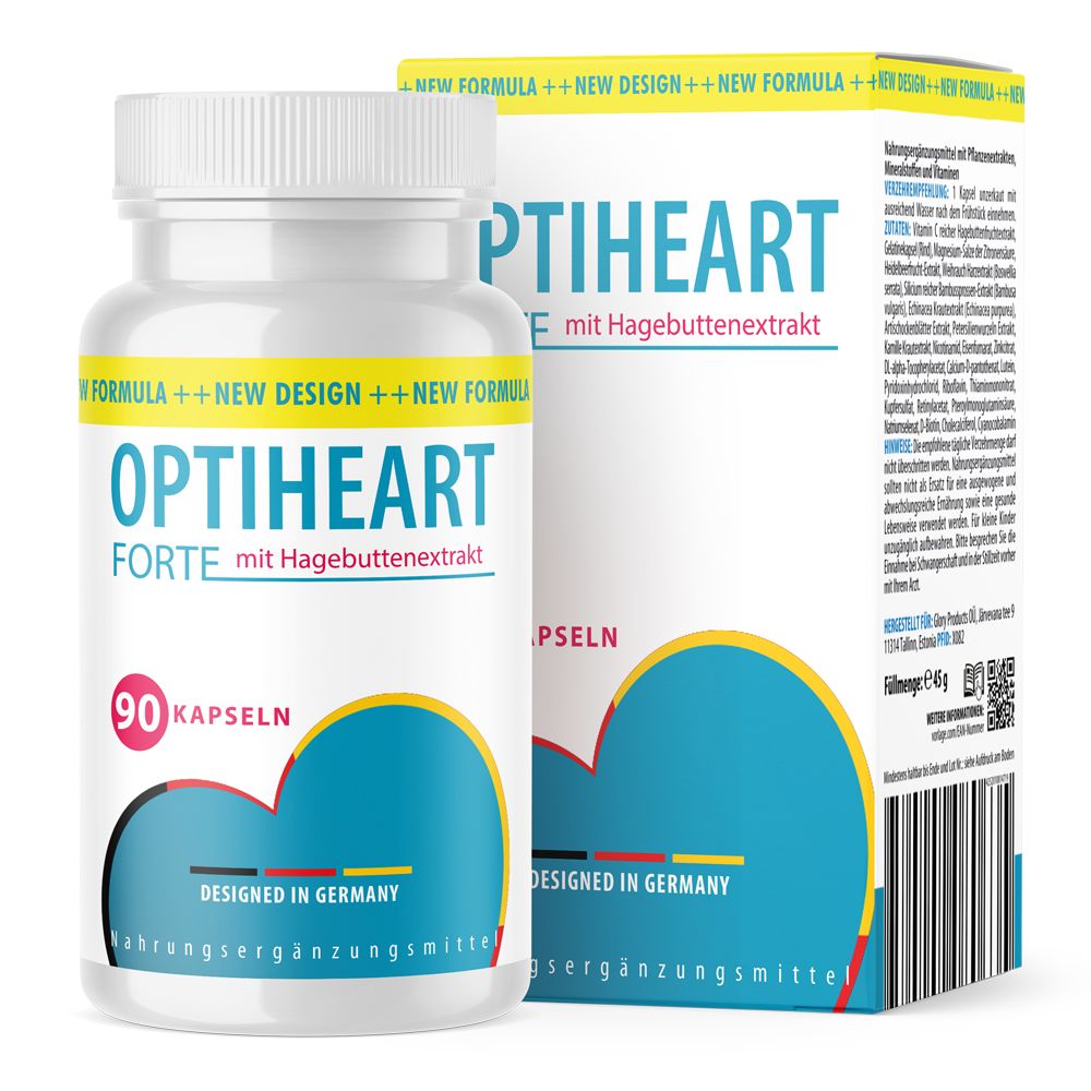Optiheart Forte Kapseln in Dose und Verpackung. Aufschrift: 90 Kapseln, mit Hagebuttenextrakt. Design: Deutschland.